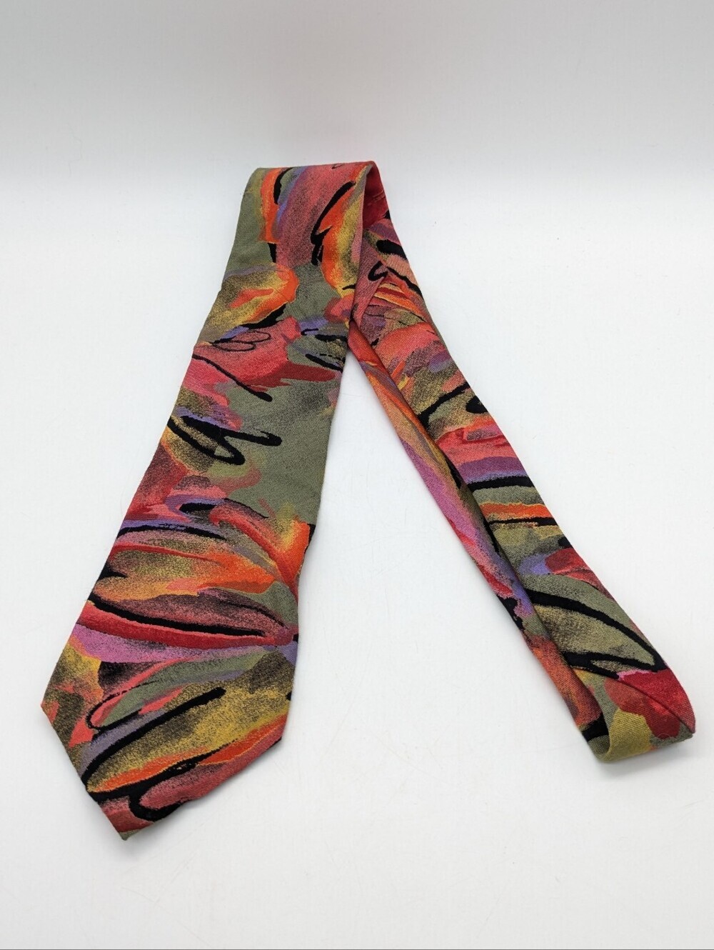 Vintage Huxley Orange Yellow Red Green Abstract Art To Wear Rayon Tie